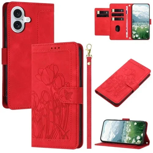 Funda de Piel con Relieve de Tulipanes para iPhone 16 Plus con Cordón (Rojo)