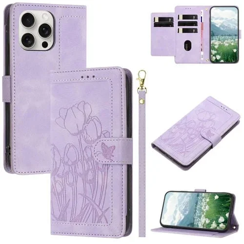Funda de Piel con Relieve de Tulipanes para iPhone 16 Pro Max con Cordón (Morado)