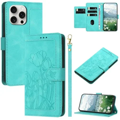 Funda de Piel con Relieve de Tulipanes para iPhone 16 Pro Max con Cordón (Verde)