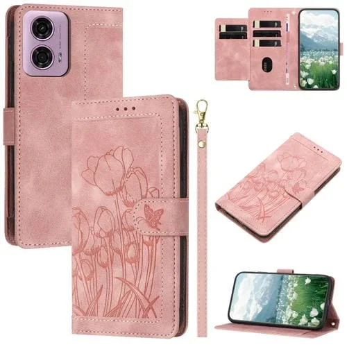 Funda de Piel con Relieve de Tulipanes para Motorola Moto G Power 5G (2024) con Cordón (Rosa)