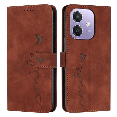 Funda de Piel con Relieve En Forma de Corazón para Oppo A3X 5G (Marrón)