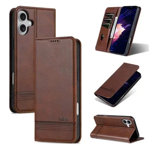 Funda de Piel con Tapa Magnética con Textura de Piel de Becerro Azns para iPhone 16 (Marrón Oscuro)