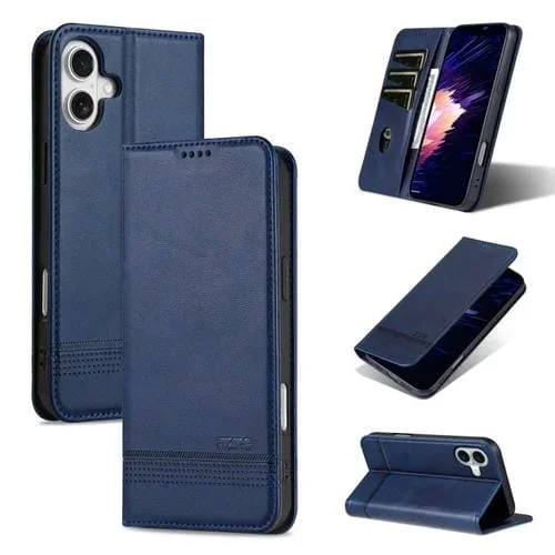 Funda de Piel con Tapa Magnética Textura de Piel de Becerro Azns para iPhone 16 (Azul Oscuro)