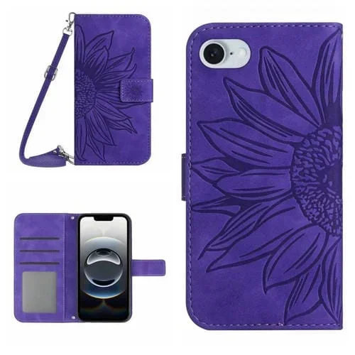 Funda de Piel con Tapa y Cordón para iPhone 16E Diseño Girasol En Relieve (Morado Oscuro)