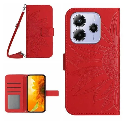 Funda de Piel con Tapa y Cordón para Redmi Note 14 4G (163,25mm), Diseño de Girasol En Relieve, Color Rojo