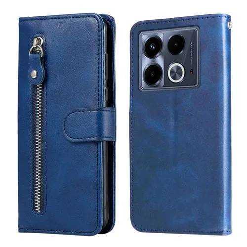 Funda de Piel con Textura de Becerro y Cremallera para Infinix Note 40 4G (Azul)