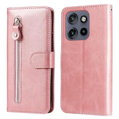 Funda de Piel con Textura de Becerro y Cremallera para Motorola Edge 50 Neo / Thinkphone 25 (Oro Rosa)