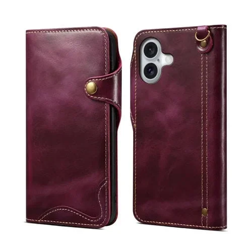 Funda de Piel de Vaca Denior B01 con Botón Magnético y Cera de Aceite para iPhone 16 (Morado)