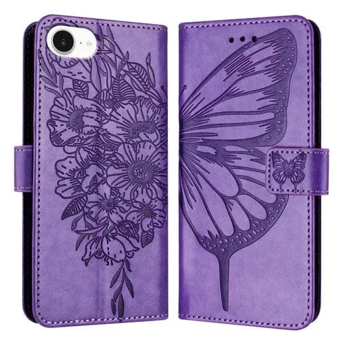 Funda de Piel iPhone 16E Diseño Mariposa En Relieve (Morado Claro)