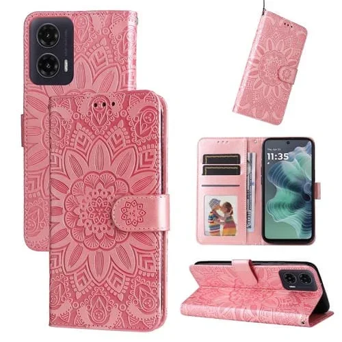 Funda de Piel Motorola Moto G35 con Diseño de Girasol en Relieve (Oro Rosa)