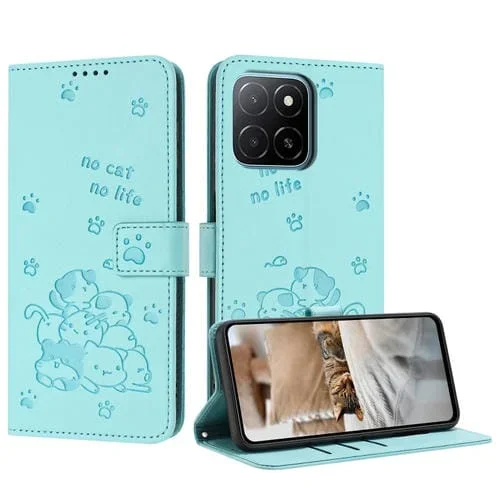Funda de Piel para Honor X5B y X5B Plus con Diseño de Gatito en Relieve y Cordón (Verde Menta)