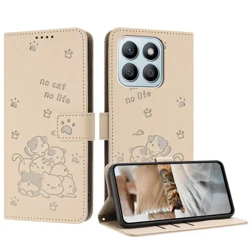 Funda de Piel para Honor X8B con Diseño de Gatito en Relieve y Cordón (Beige)