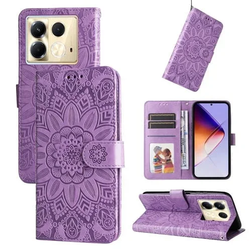 Funda de Piel para Infinix Note 40 5G con Estampado de Girasoles en Relieve (Morado)