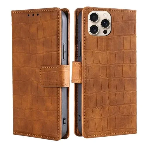 Funda de Piel para iPhone 16 Pro Max con Cierre Magnético y Diseño de Cocodrilo (Marrón)