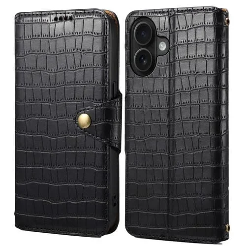 Funda de Piel para iPhone 16 Textura de Cocodrilo Borde Aceitado (Negra)