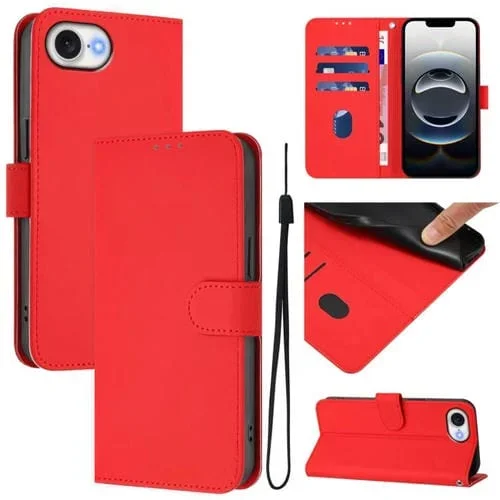 Funda de Piel para iPhone 16E con Cordón Tacto Suave (Rojo)