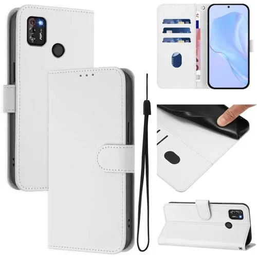 Funda de Piel para Tecno Pop 4 Pro con Textura Lisa y Cordón (Blanco)