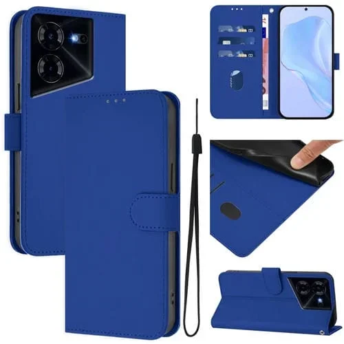 Funda de Piel para Tecno Pova 5 Pro 5G con Textura Liso y Cordón (Azul Oscuro)