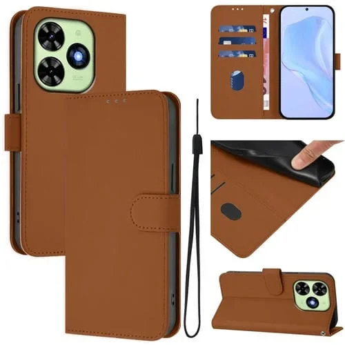 Funda de Piel para Tecno Spark Go 2024 4G con Textura Lisa y Cordón (Marrón)