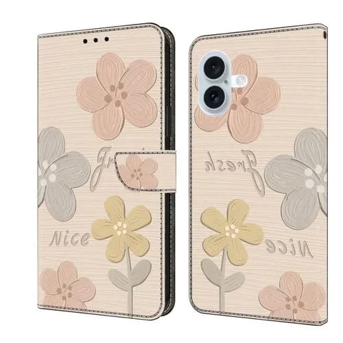 Funda de Piel Pintada a Mano para iPhone 16 (Flores Beige)