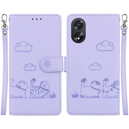Funda de Piel Rfid con Diseño de Gatos para Oppo A38 4G/A18 (Morada)