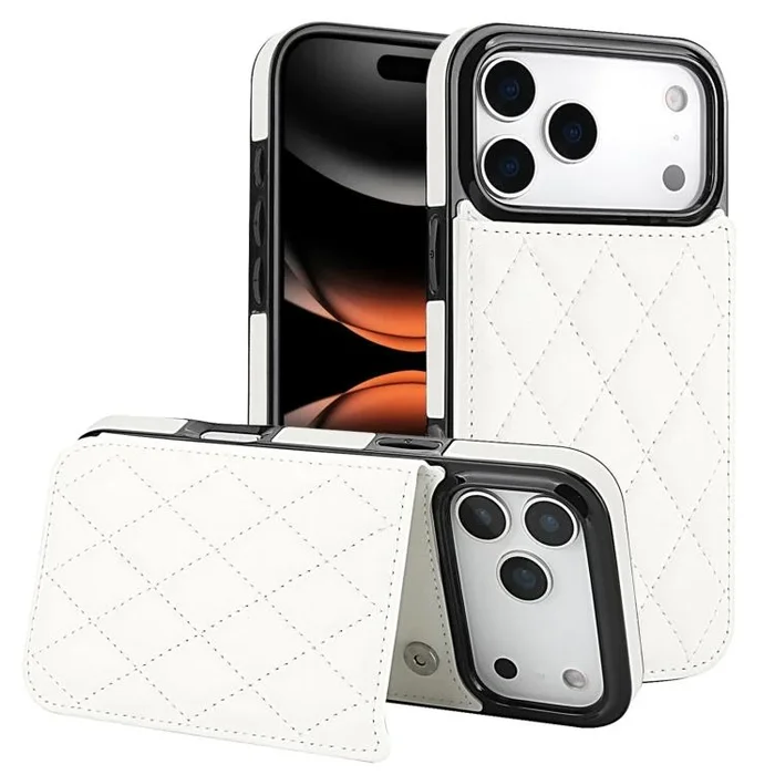 Funda de piel sintética con doble hebilla rómbica para iPhone 17 Pro Max (blanca)