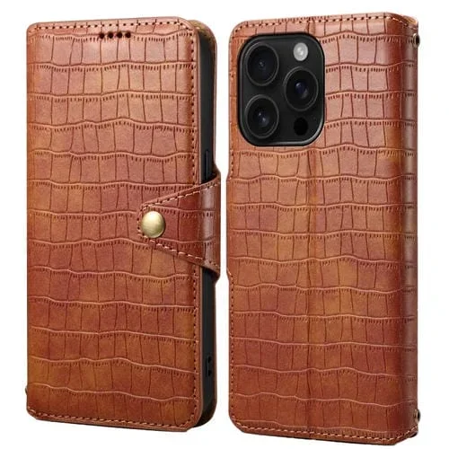 Funda de Piel Textura de Cocodrilo con Borde Aceitado para iPhone 16 Pro (Marrón)