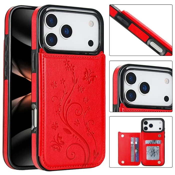 Funda de PU con doble hebilla y estampado de mariposa para iPhone 17 Pro Max (roja)