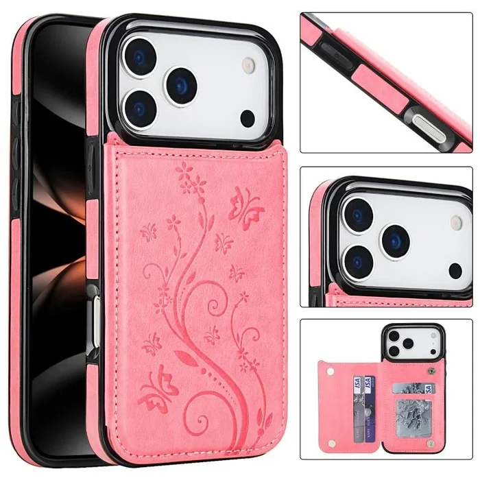 Funda de PU con doble hebilla y estampado de mariposa para iPhone 17 Pro Max (rosa)