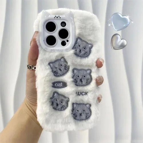 Funda de Silicona Bordada Gato para iPhone 13 Pro (Beige)