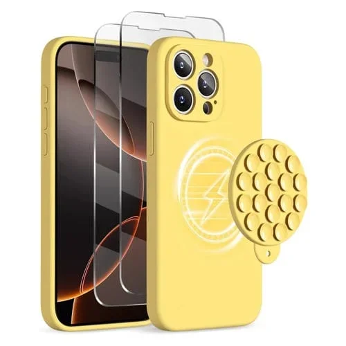 Funda de Silicona con Ventosa Magsafe para iPhone 16 Pro Max con Película de Pantalla (Amarilla)