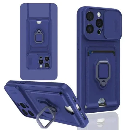 Funda de Silicona iPhone 14 Pro Max Sliding Camshield con Tarjetero Magnético (Azul Marino)