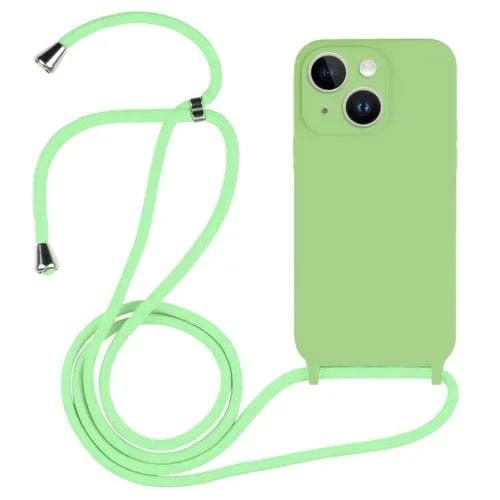 Funda de Silicona Líquida para iPhone 14 Crossbody Lanyard (Verde Matcha)