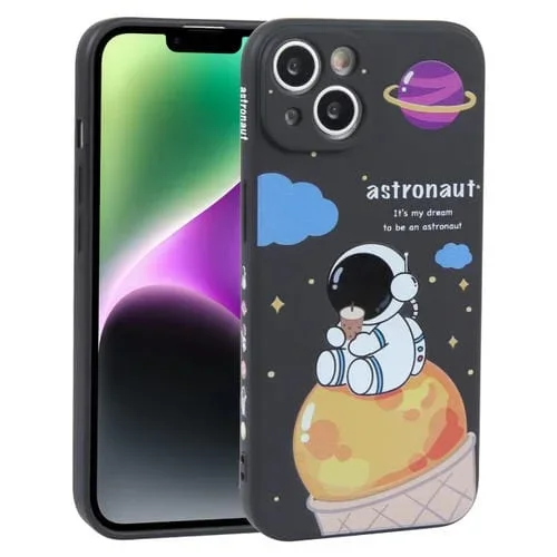 Funda de Silicona Líquida para iPhone 14 Milk Tea Astronaut Pattern (Marfil Negro)