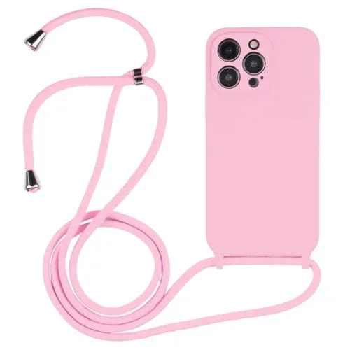 Funda de Silicona Líquida para iPhone 15 Pro Max Crossbody Lanyard (Rosa)