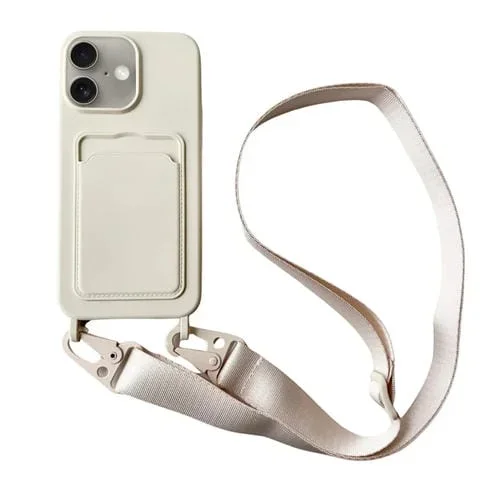 Funda de Silicona Líquida para iPhone 16 Plus con Ranura para Tarjetas y Cordón (Blanca)