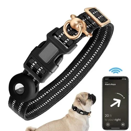 Funda de silicona para AirTag Tracker Collar para perros mediano Collar para mascotas antienredos reflectante de nailon (Negro) Tamaño L