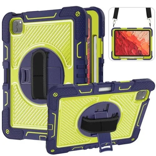 Funda de Silicona para iPad Pro 11 (2024) con Rotación 360 Grados y Contraste (Azul Marino y Verde Amarillento)