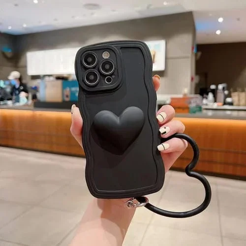 Funda de Silicona para iPhone 11 Pro Max 3D Heart Skin-Feel con Muñequera (Negro)