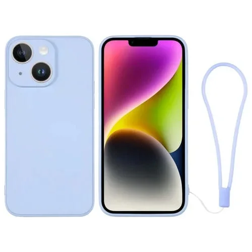 Funda de Silicona para iPhone 14 con Correa para la Muñeca (Azul Claro)