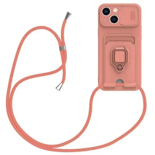 Funda de Silicona para iPhone 14 Plus con Soporte Magnético, Tarjeta Deslizante, Camshield y Cordón (Rosa)
