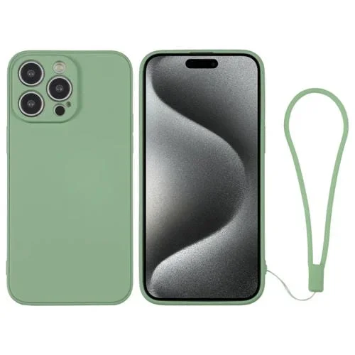 Funda de Silicona para iPhone 15 Pro con Correa para la Muñeca (Verde Matcha)