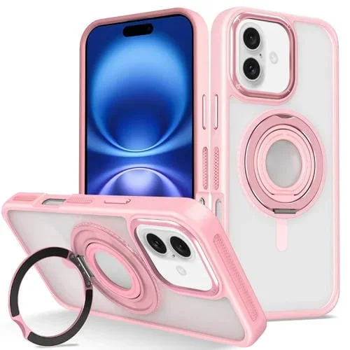 Funda de Silicona para iPhone 16 Plus con Anillo Giratorio 360 Grados (Rosa)