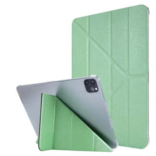 Funda de Tableta iPad Pro 12.9 (2020) Textura de Seda Deformación Horizontal Cuero Tres Plegables (Verde)