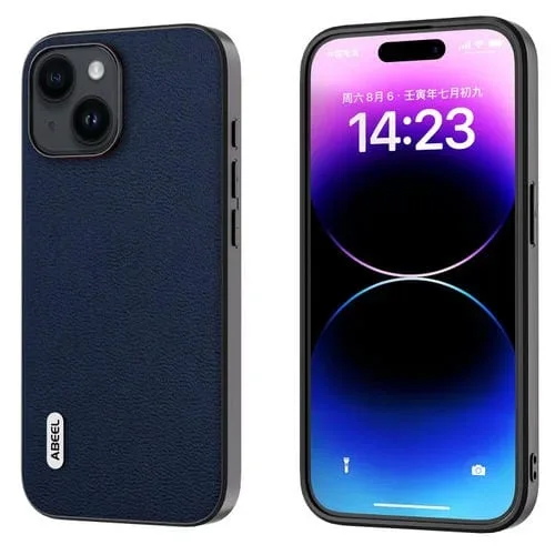 Funda de Teléfono Abeel Luolai Series para iPhone 15 Plus Cuero Genuino (Azul Oscuro)