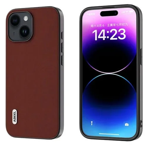 Funda de teléfono Abeel para iPhone 15 con borde negro de cuero genuino (Café)