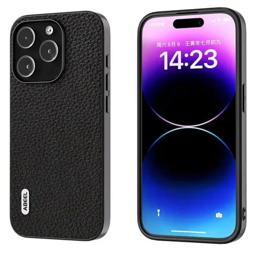 Funda de teléfono Abeel para iPhone 15 Pro con textura Litchi de cuero genuino (Negro)