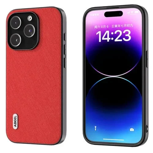 Funda de teléfono Abeel para iPhone 15 Pro Cuero genuino Cross Texture (Rojo)