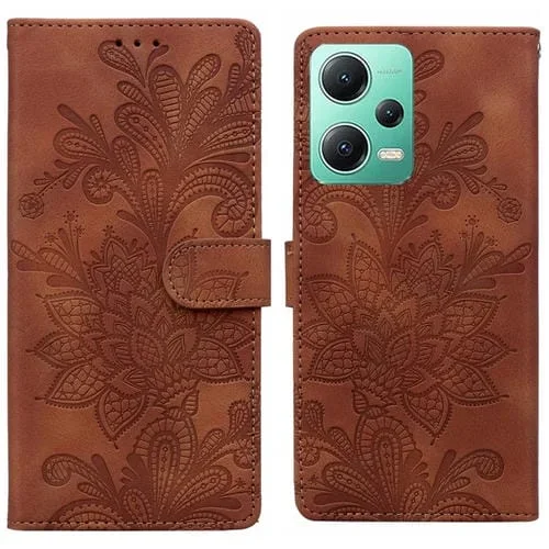Funda de Teléfono con Hebilla Magnética de Pu con Encaje Floral En Relieve y Correa para la Muñeca para Redmi Note 12 5G (Marrón)
