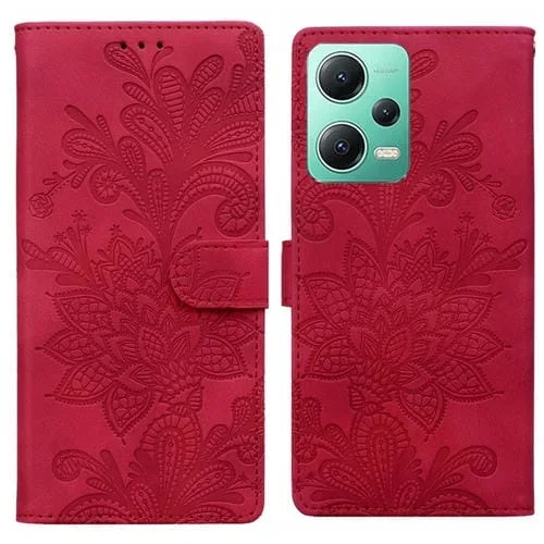 Funda de Teléfono con Hebilla Magnética y Encaje Floral En Relieve para Redmi Note 12 5G Global con Correa para la Muñeca (Rojo)